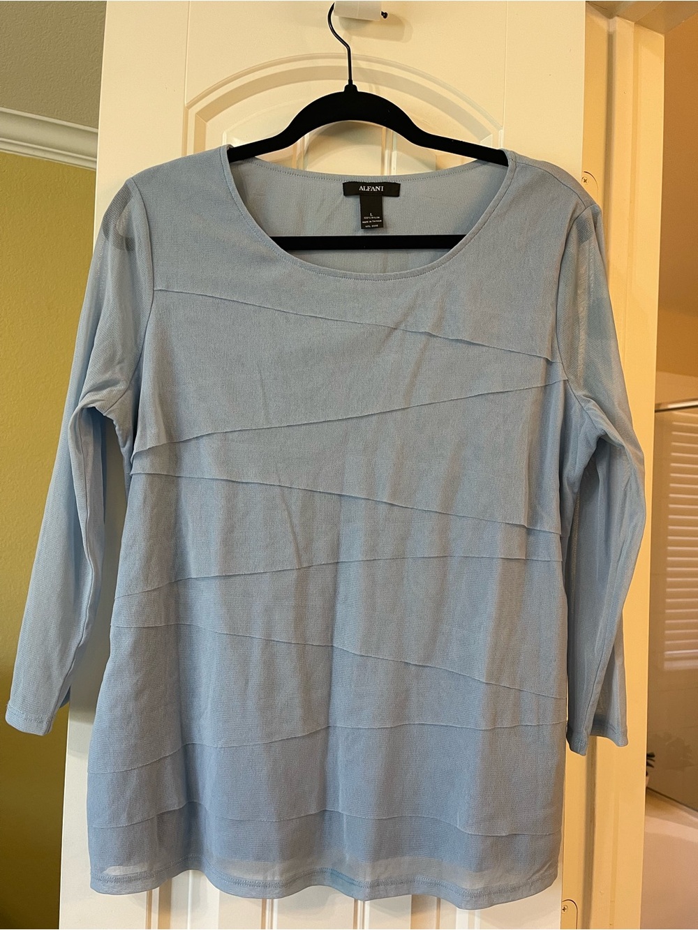 Alfani Light Blue Layered-Seam Scoop Neck Long Sleeve Top